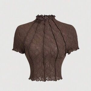 Brown Puff Sleeve Ruffled Crop Top